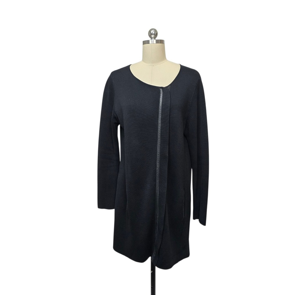 Eileen Fisher Black Silk Cotton Blend Leather Trim Longline Cardigan Sweater Med